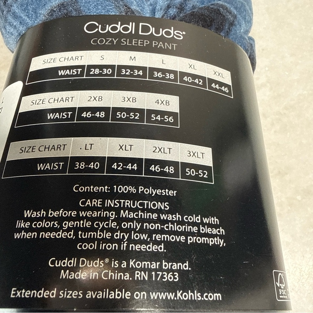 Cuddl Duds Men's Cozy Sleep/Pajama Pants -Large- Blue Geo Plaid New with Tags - Picture 5 of 5